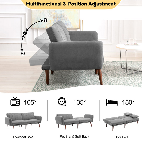 Homrest Convertible Linen Fabric Folding Recliner Futon Modern Adjustable Sleeper Sofa Loveseat Daybed for Living Room(Grey)