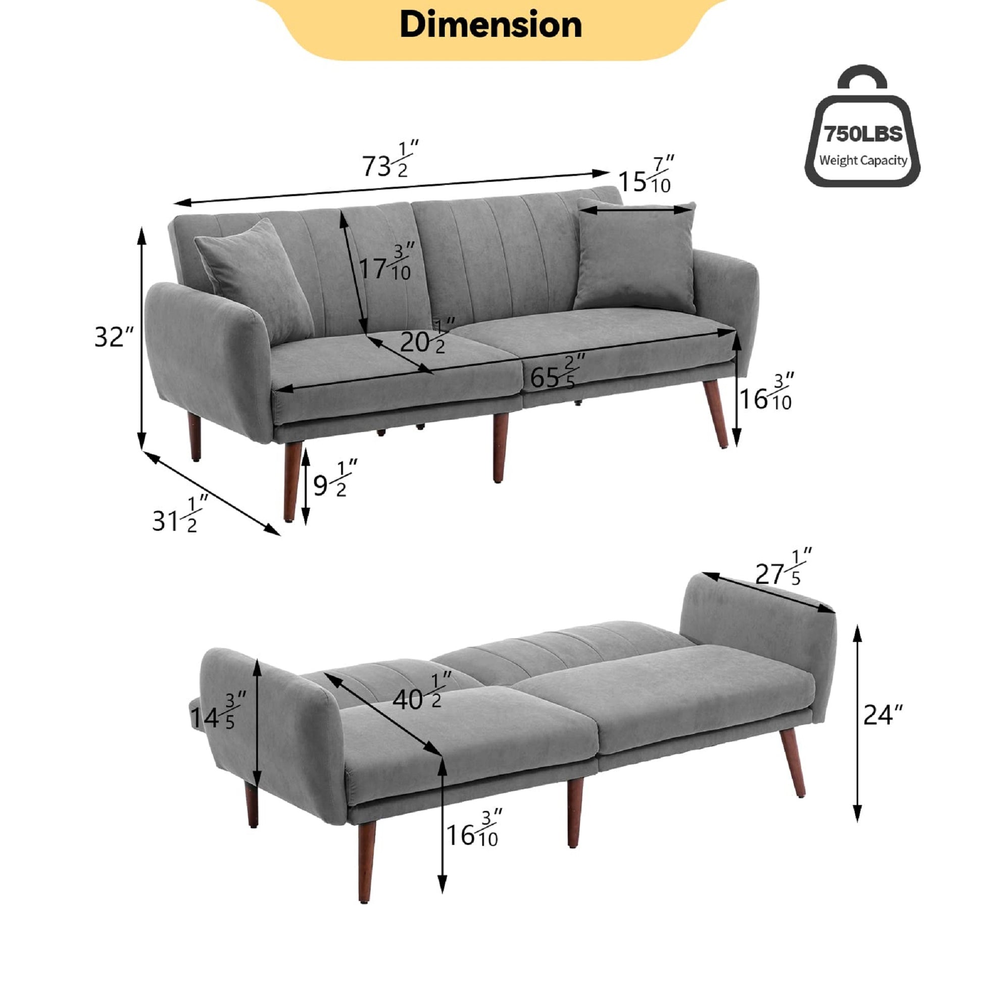 Product dimensions of Homrest convertible linen fabric folding recliner sofa