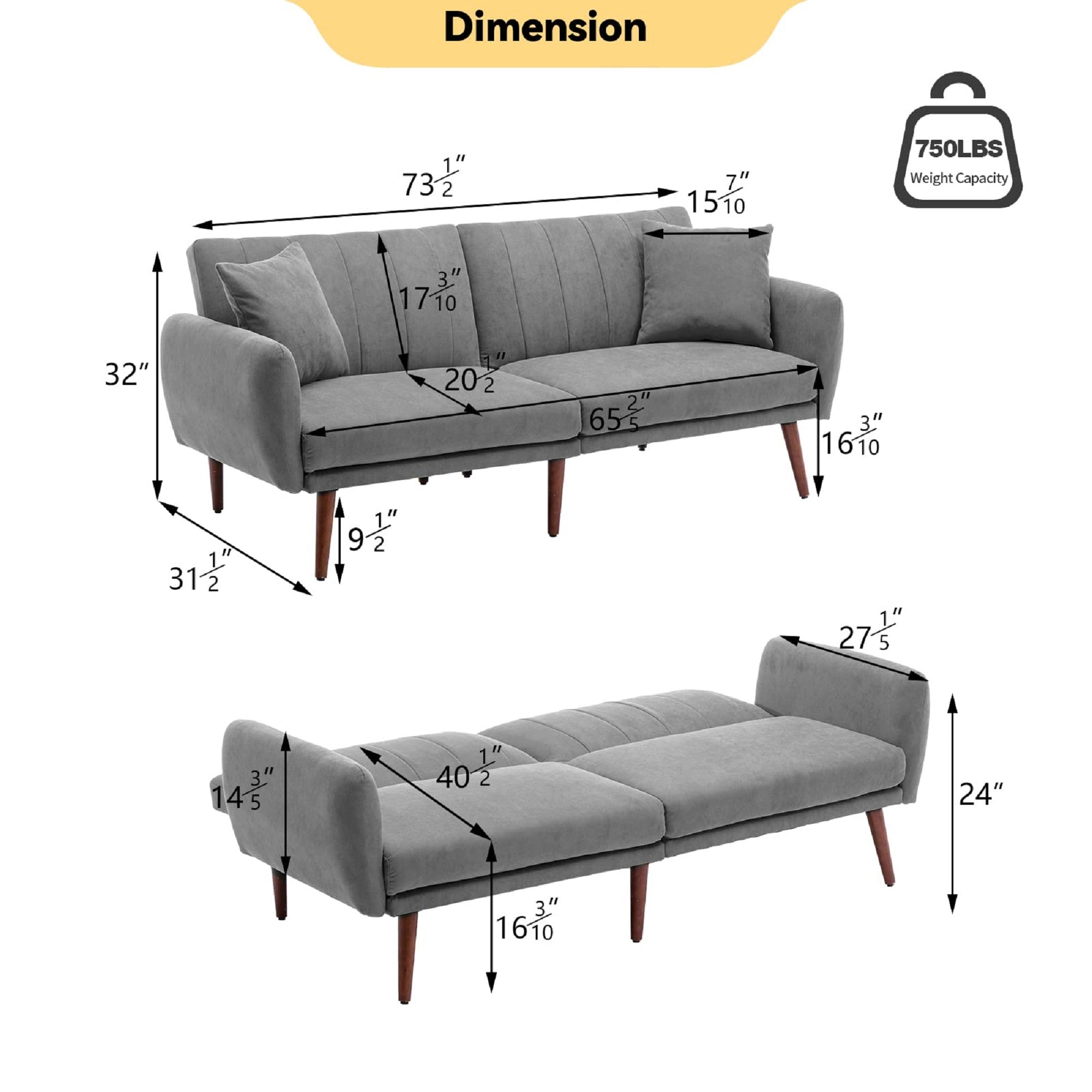 Product dimensions of Homrest convertible linen fabric folding recliner sofa