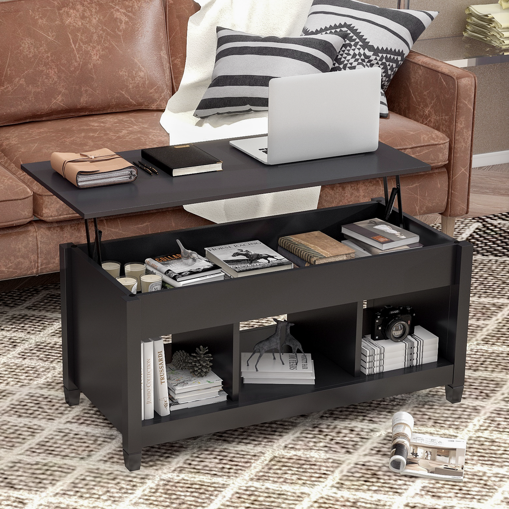 Homrest Lift Top Coffee Table, 41" X 19.5" Rising Dining Table w/4” Depth Hidden Storage Compartment & 3 Open Shelves for Reception & Living Room, Office, Apartment (Black)