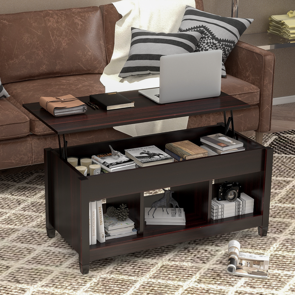 Homrest Lift Top Coffee Table, 41" X 19.5" Rising Dining Table w/4” Depth Hidden Storage Compartment & 3 Open Shelves for Reception & Living Room, Office, Apartment (Dark Brown)
