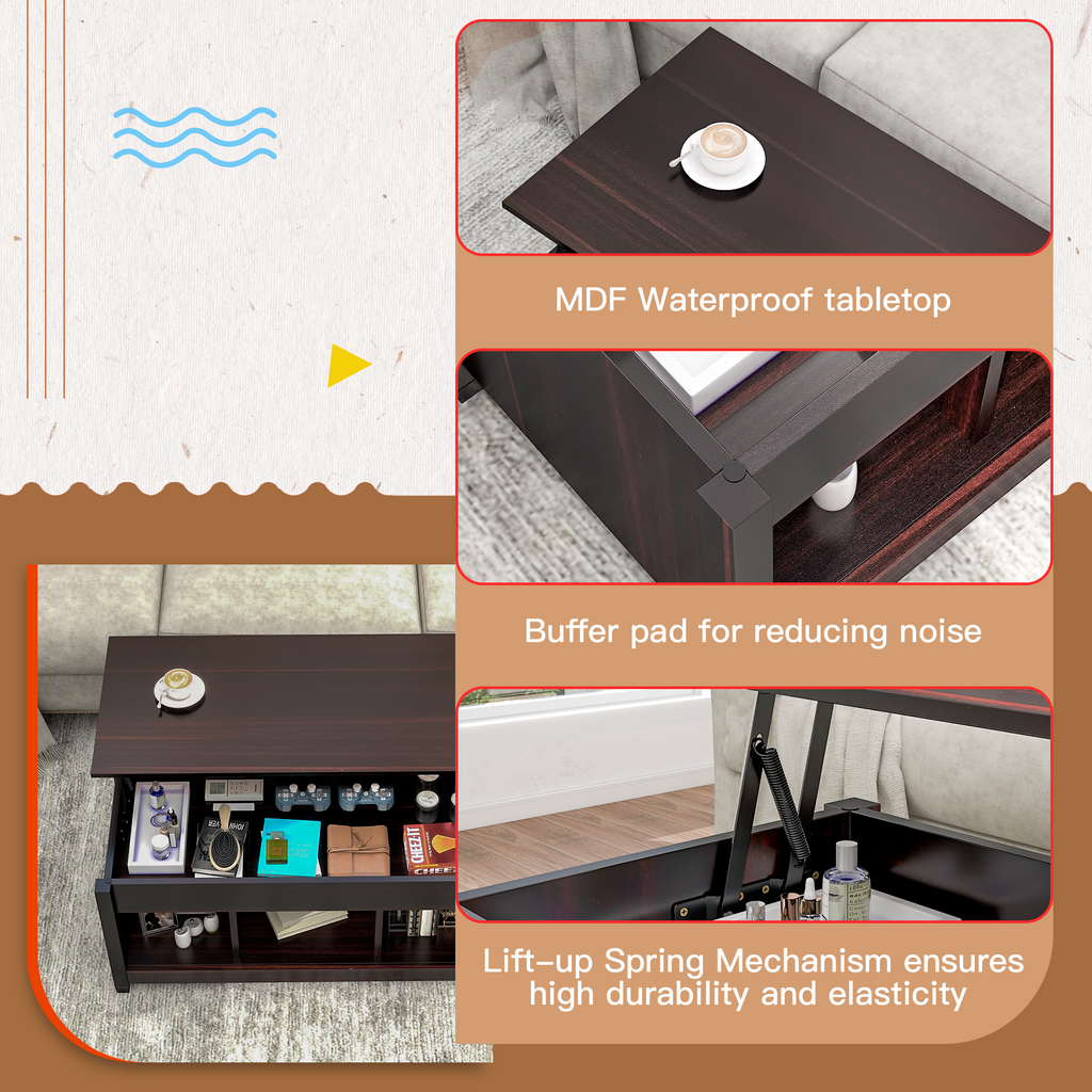 Homrest Lift Top Coffee Table, Hidden Storage Compartment