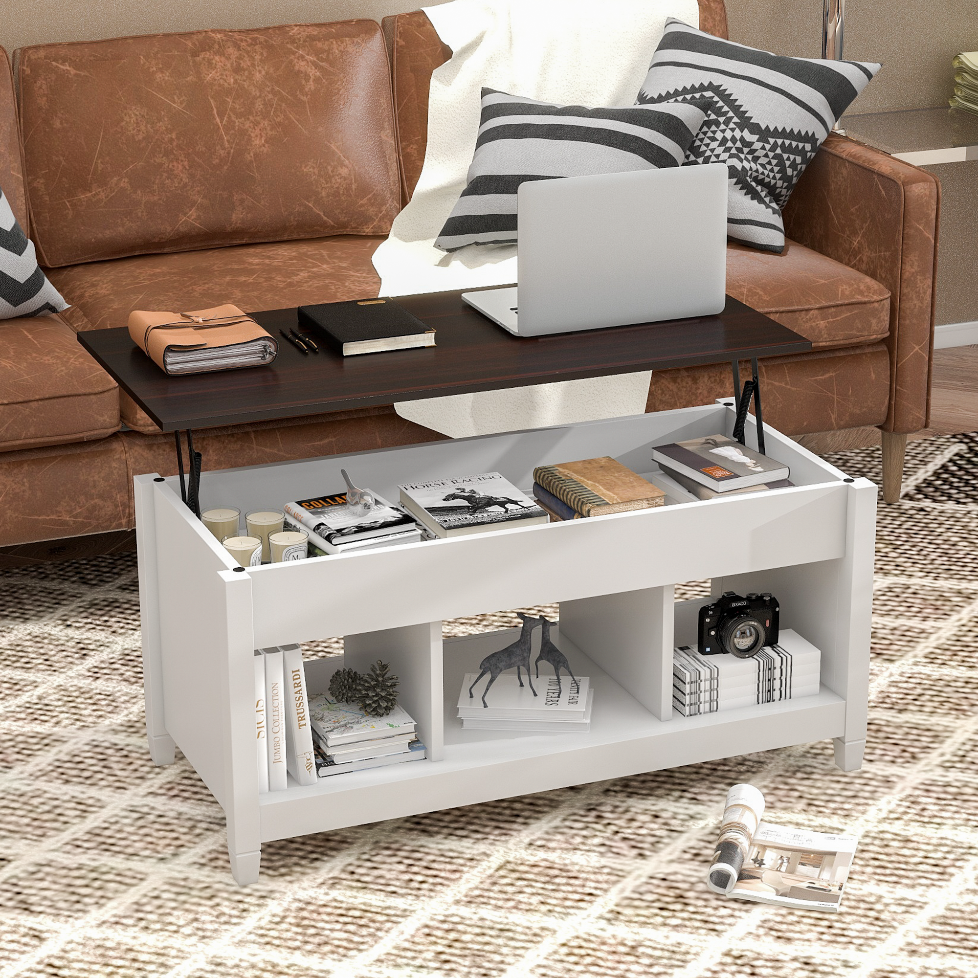 Homrest lift top coffee table, rising dining table with hidden storage and open shelves for living room, white