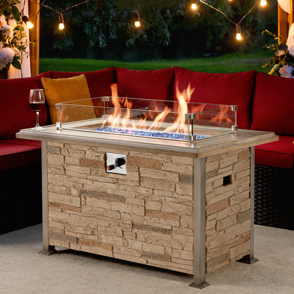 44'' Propane Gas Fire Pit Table 50000 BTU Auto-Ignition w/ Wind guard, Aluminum Tabletop,Waterproof Cover, Glass Beads, Brown Faux Stone Surface