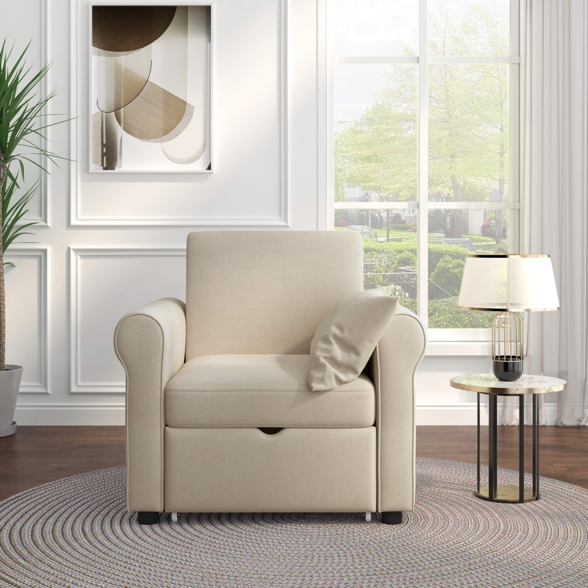  Sofa Bed Convertible Sleeper Chair Bed Adjustable Backrest with Storage(Beige) | Homrest Furniture