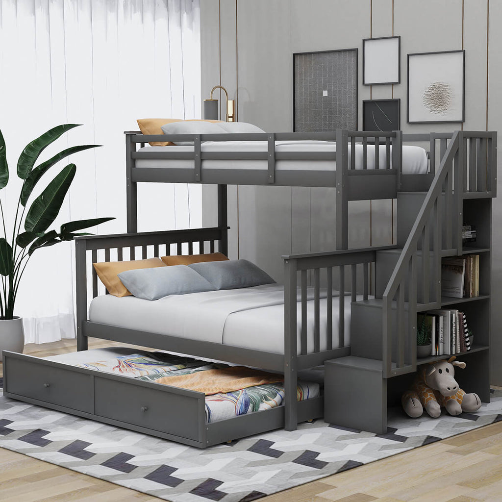 Homrest Twin-Over-Full Stairway Bunk Bed with Twin Size Trundle Bed, Wood Bunk Bed for Kids & Teens with 4 Storage Shelves Gray