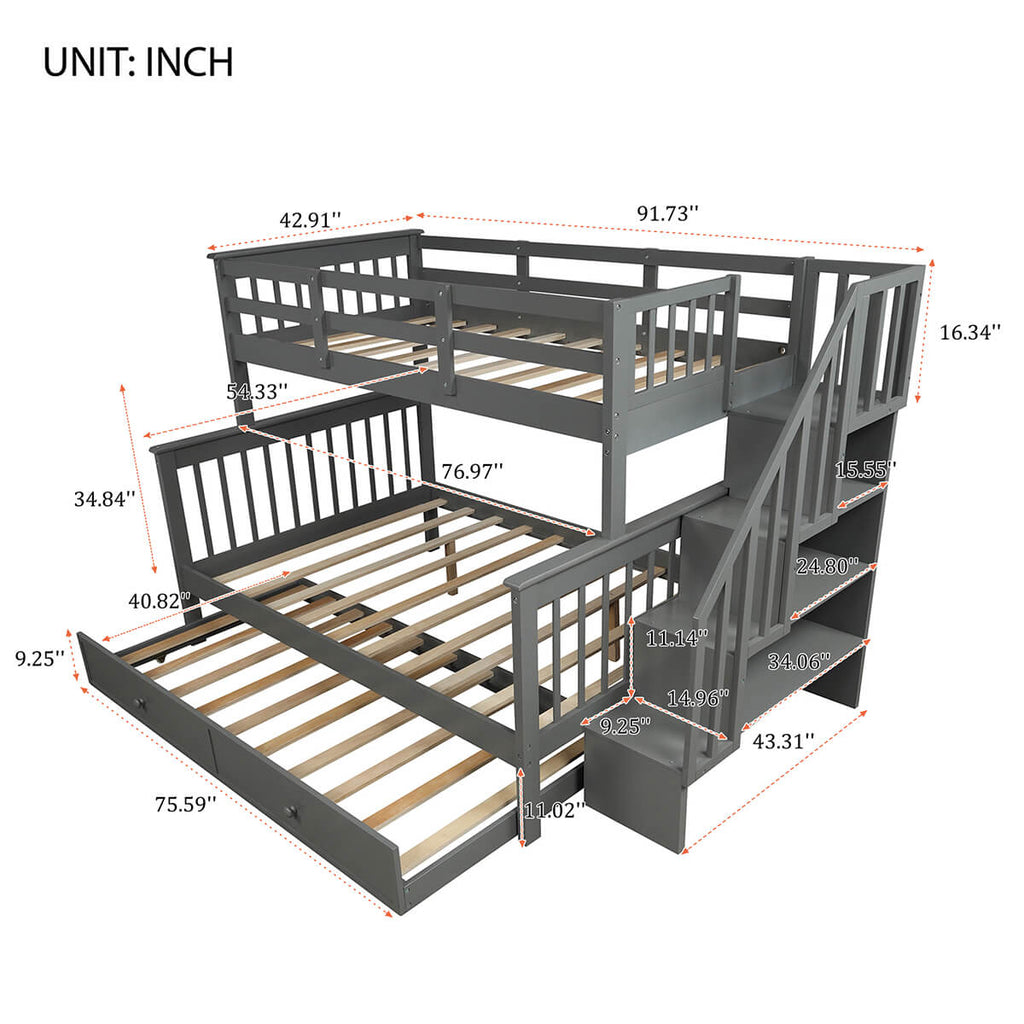 Twin-Over-Full Stairway Bunk Bed with 4 Storage Shelves Gray