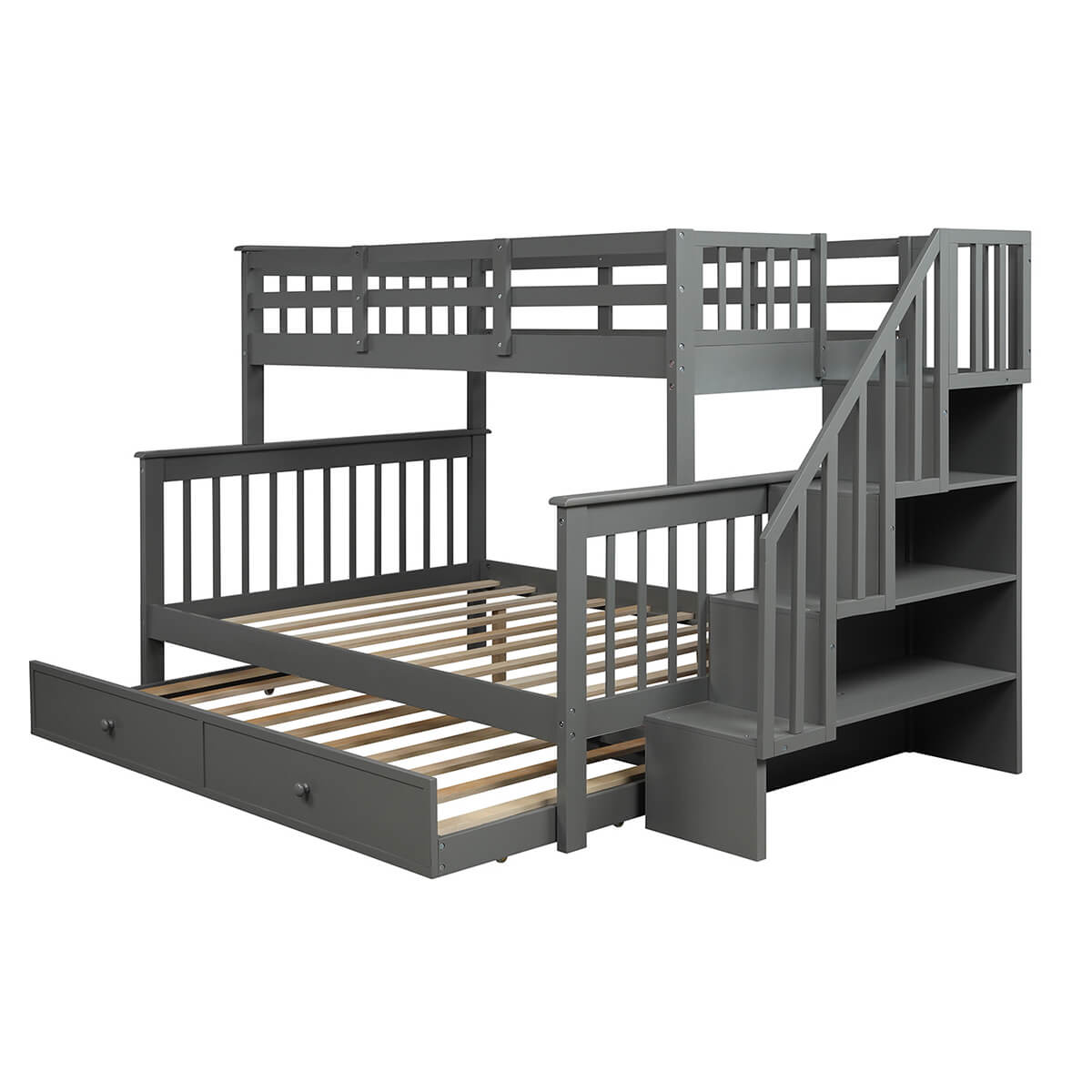 Twin-Over-Full Stairway Bunk Bed with 4 Storage Shelves Gray