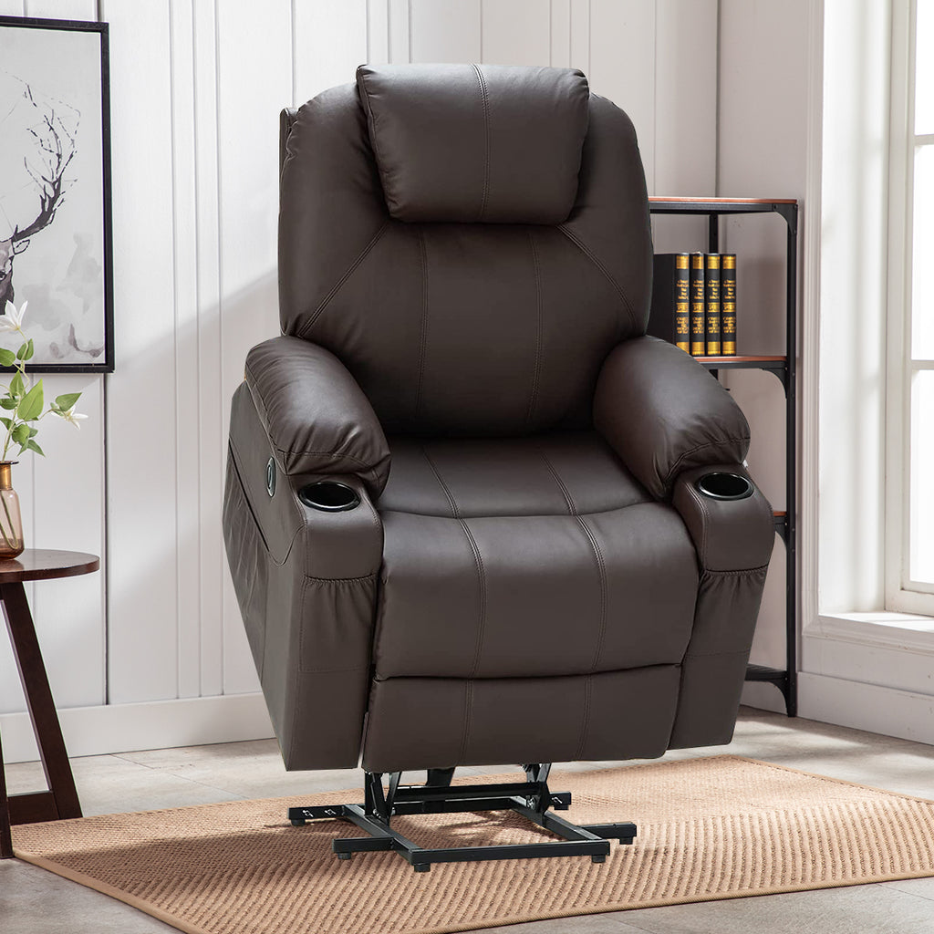 Homrest Electric Power Recliner Lift Chair Faux Leather Electric Recliner for Elderly, Heated Vibration Massage Sofa with Side Pockets, USB Charge Port & Remote Control, Dark Brown