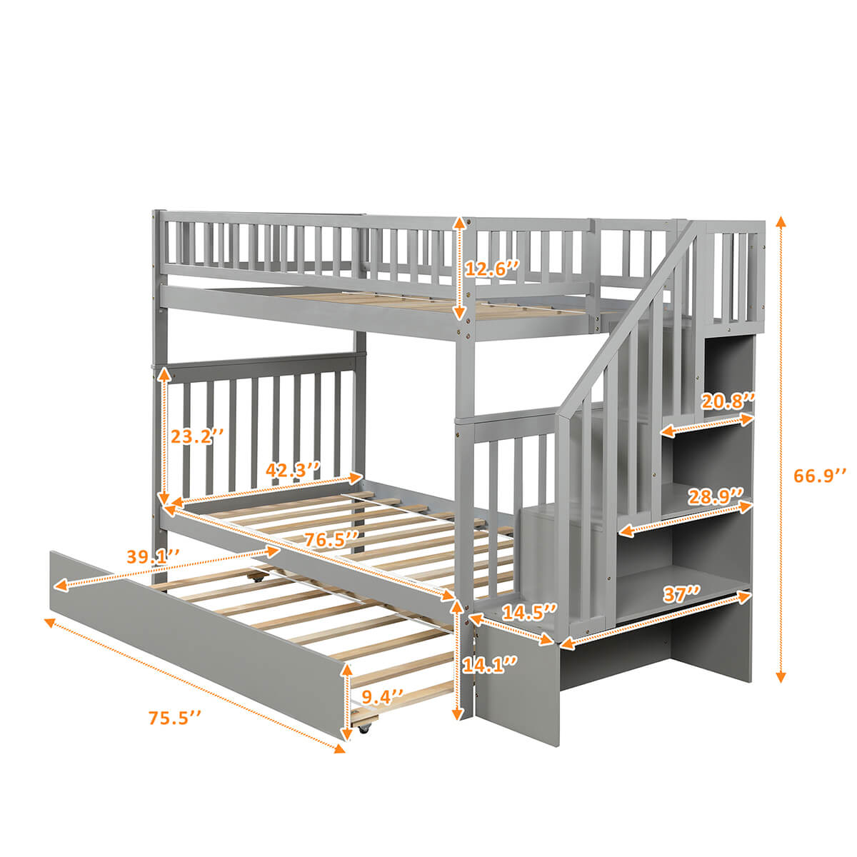 Twin Over Twin Bunk Bed with Trundle and Storage Gray