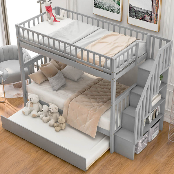 Homrest Twin Over Twin Bunk Bed with Trundle and Storage Gray