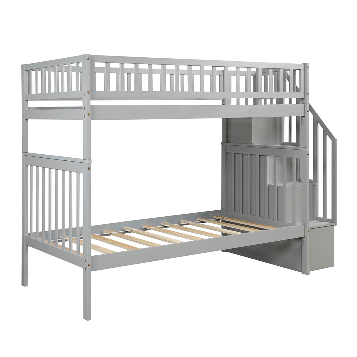 Twin Over Twin Bunk Bed with Trundle and Storage Gray