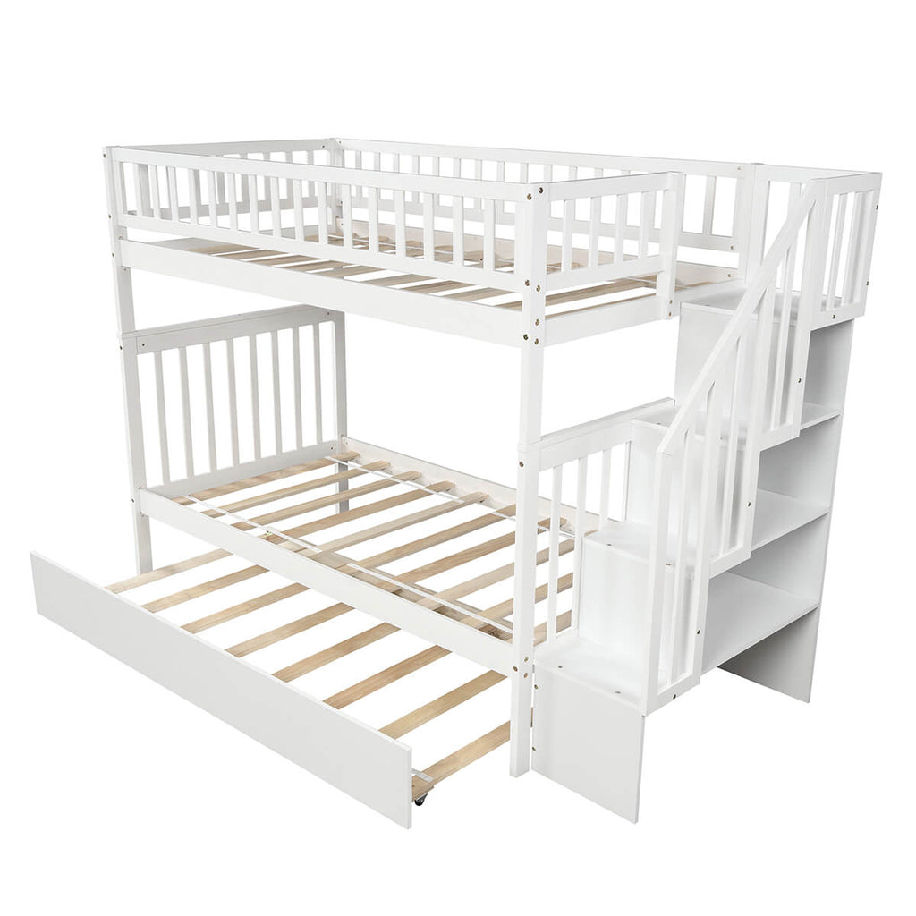 Twin Over Twin Bunk Bed with Trundle and Storage White