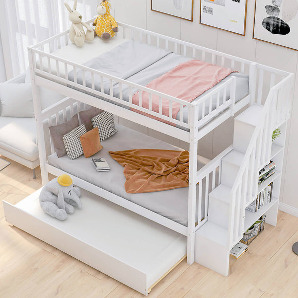 Homrest Twin Over Twin Bunk Bed with Trundle and Storage White