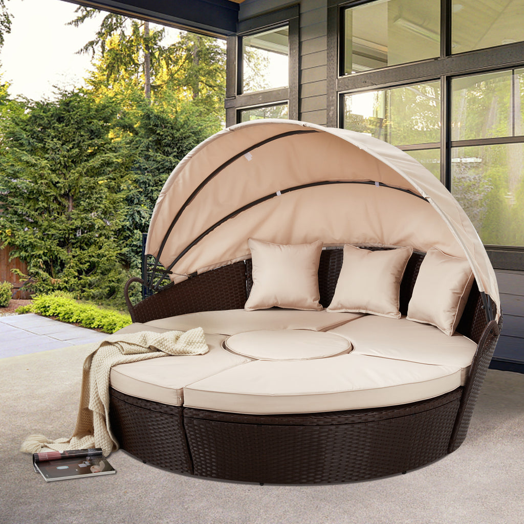 Outdoor Sectional Round Daybed with Retractable Canopy & Coffee Table