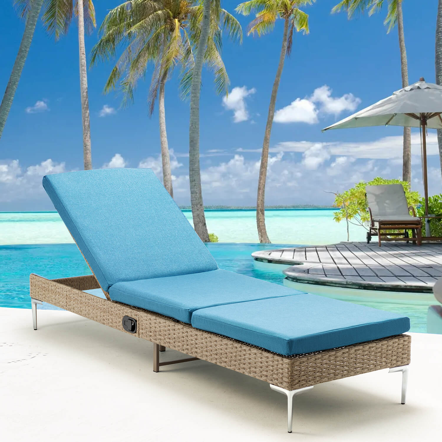 Homrest Patio Rattan Chaise Lounge Chair Outdoor Wicker Recliner Thickened Cushion Stepless Adjustable with Gas Cylinder (Blue)
