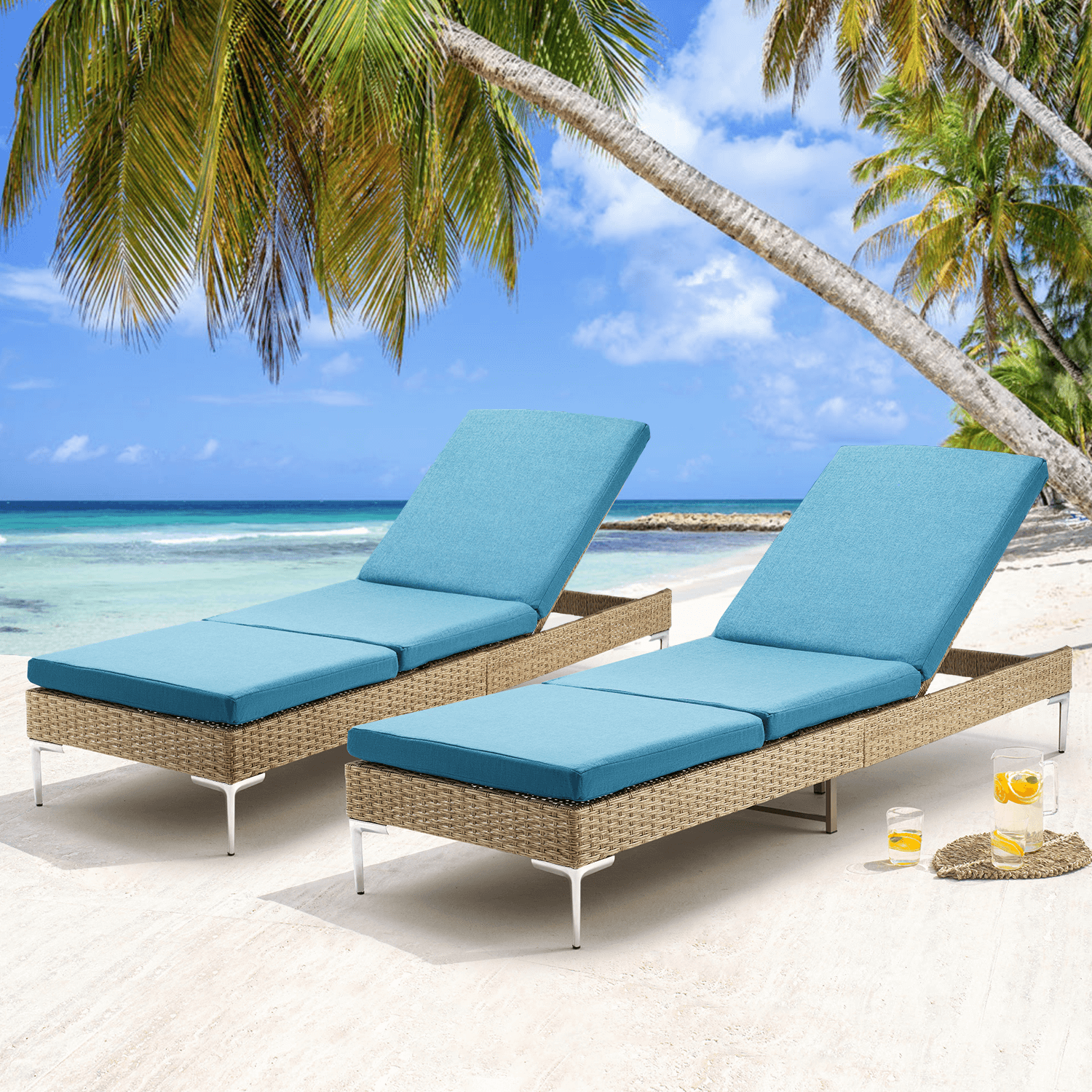 Homrest Patio Rattan Chaise Lounge Chair Outdoor Wicker Recliner Thickened Cushion Stepless Adjustable with Gas Cylinder (Blue)