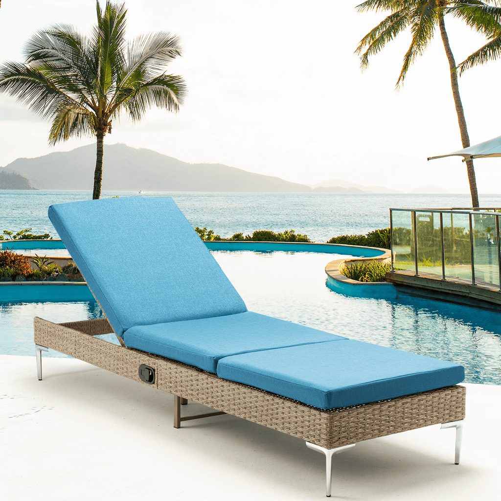 Homrest Patio Rattan Chaise Lounge Chair Outdoor Wicker Recliner Thickened Cushion Stepless Adjustable with Gas Cylinder (Blue)