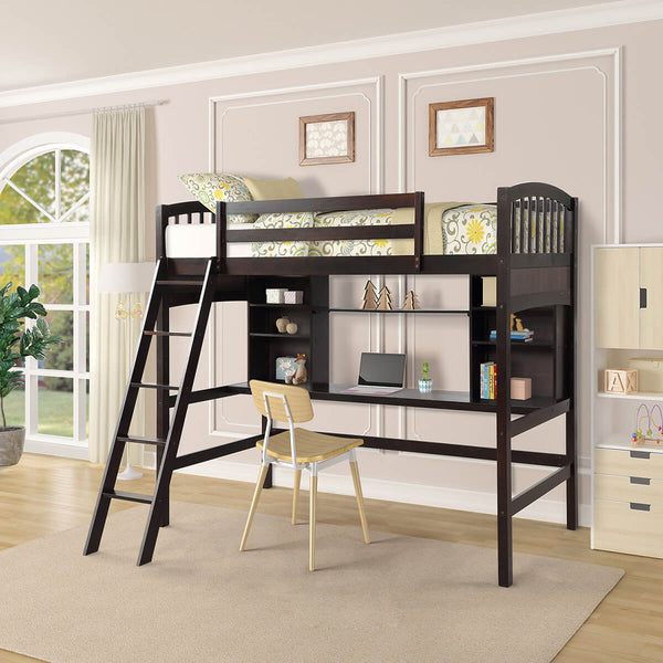 Twin size Loft Bed with Storage Shelves, Desk and Ladder, Espresso