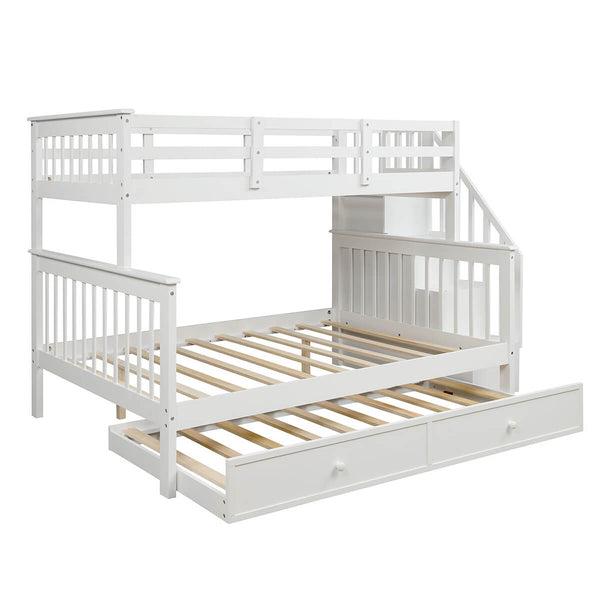 Homrest Twin-Over-Full Stairway Bunk Bed with Twin Size Trundle Bed, Wood Bunk Bed for Kids & Teens with 4 Storage Shelves White