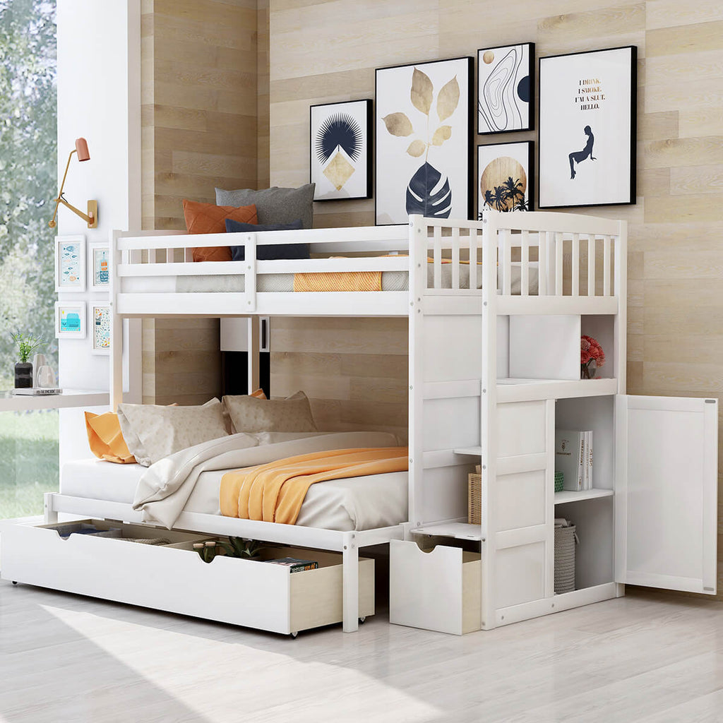 Homrest Twin Over Full/Twin Bunk Bed for Kids with Convertible Bottom Bed White