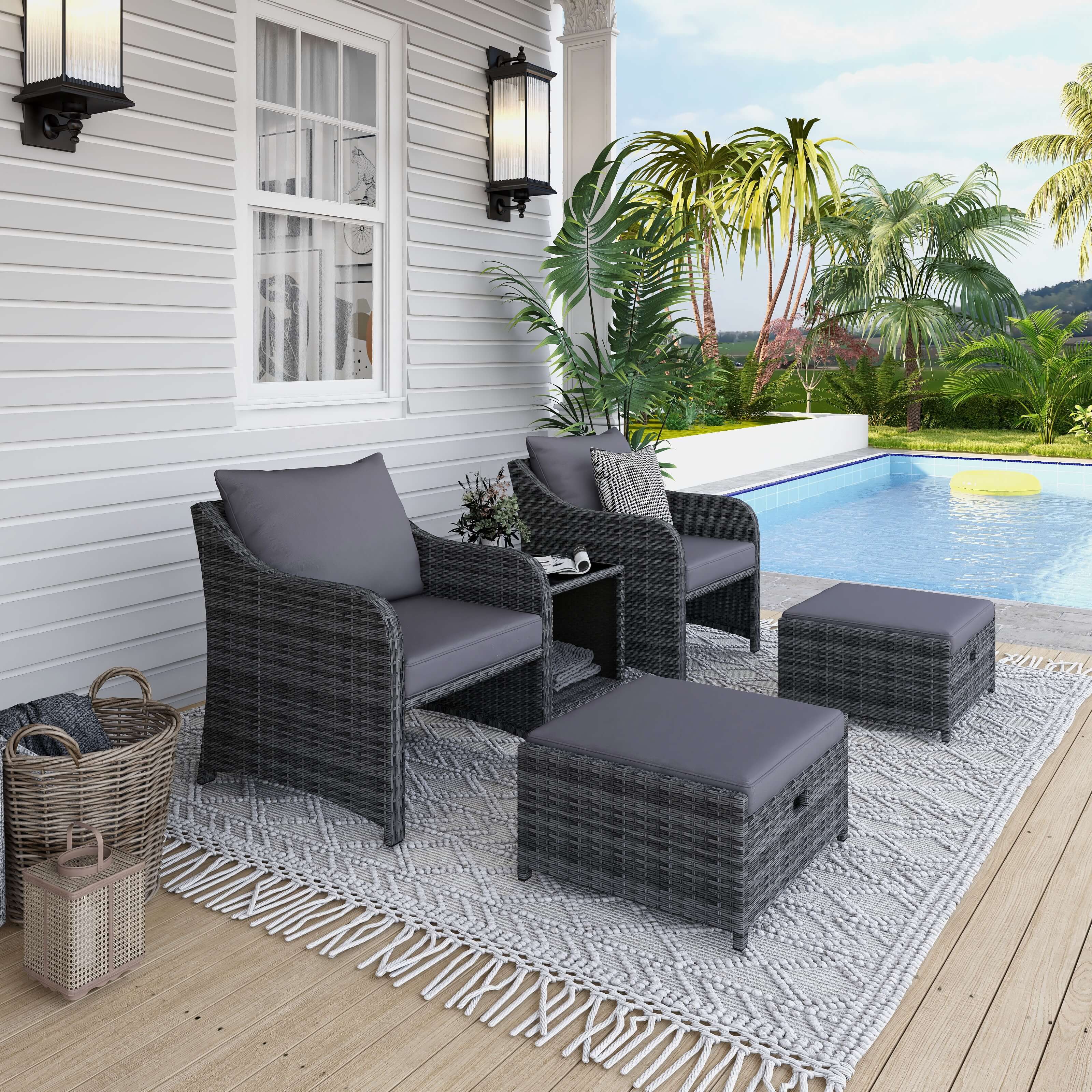 Homrest 5 Pcs patio chair set with ottoman for porch, backyard and poolside.