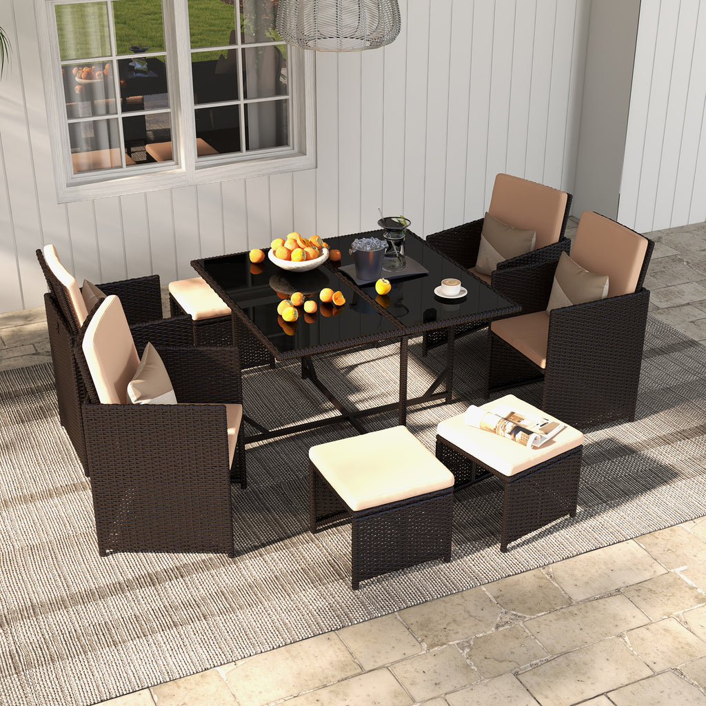 9 Pcs Patio Dining Set Space Saving Rattan Outdoor Sectional Furniture w/ Ottoman, Cushion & Dust Cover