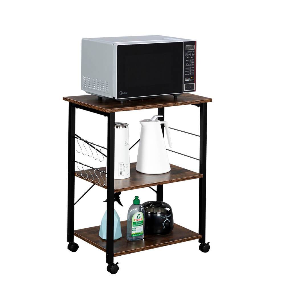 Homrest 3-Tier Kitchen Utility Microwave Oven Stand Vintage Board Top Black Metal Frame