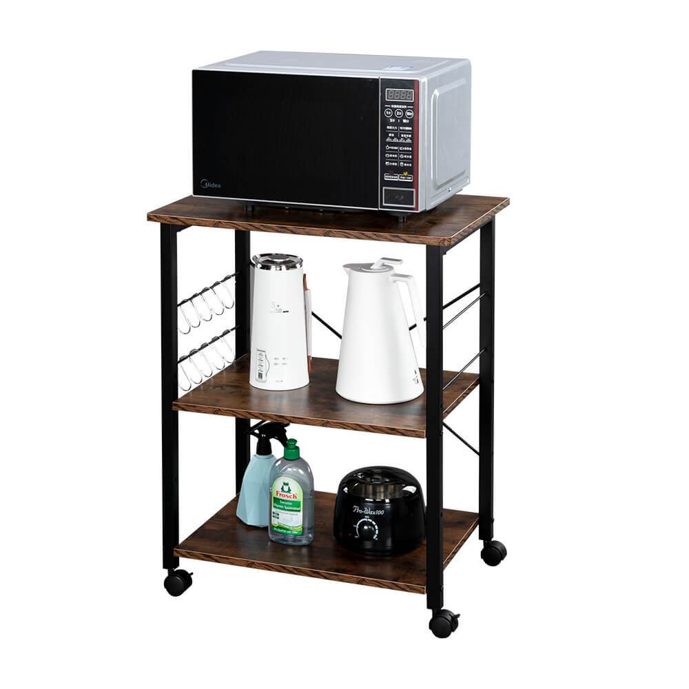 Homrest 3-Tier Kitchen Utility Microwave Oven Stand Vintage Board Top Black Metal Frame