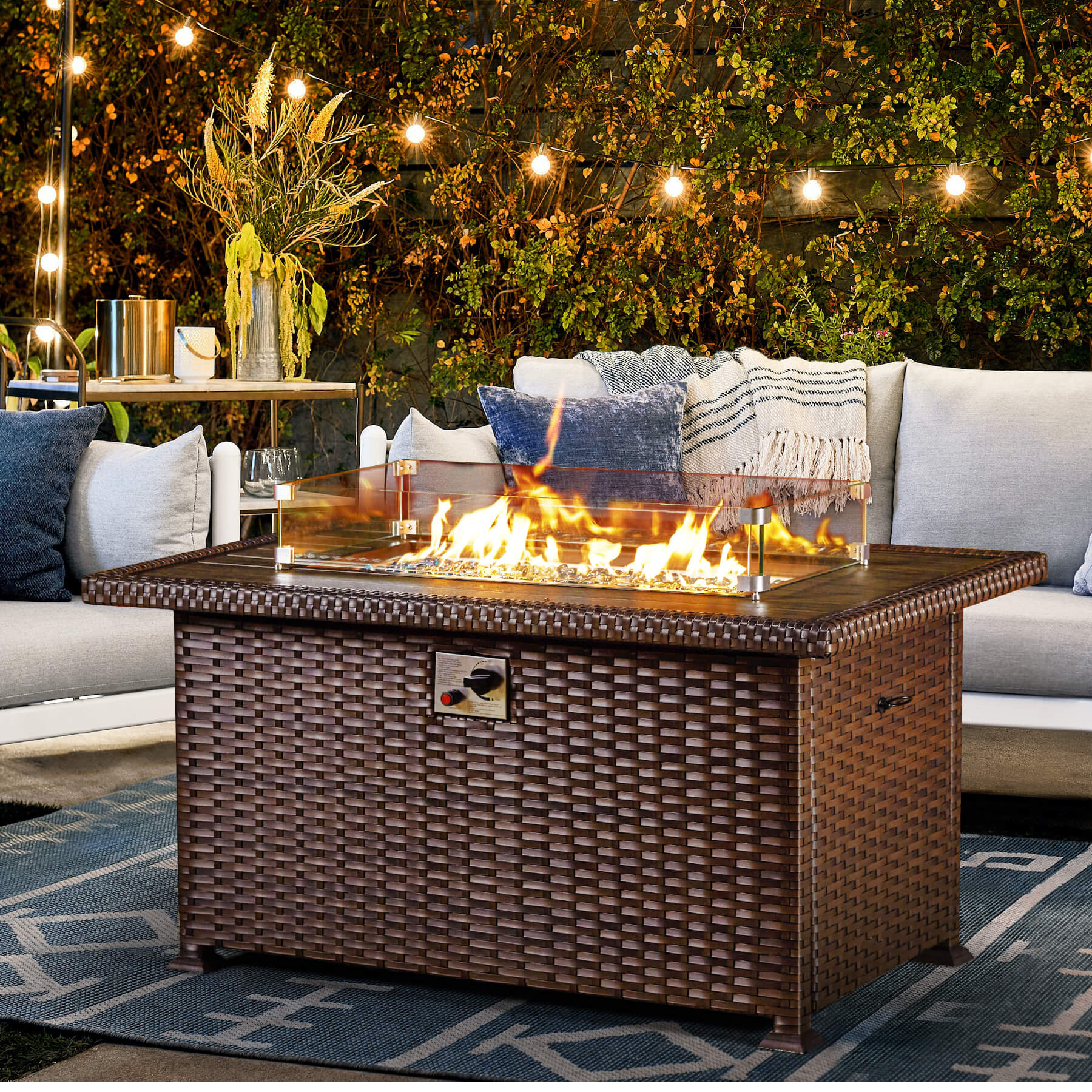 Homrest patio fire pit table with wind guard and waterproof cover, brown