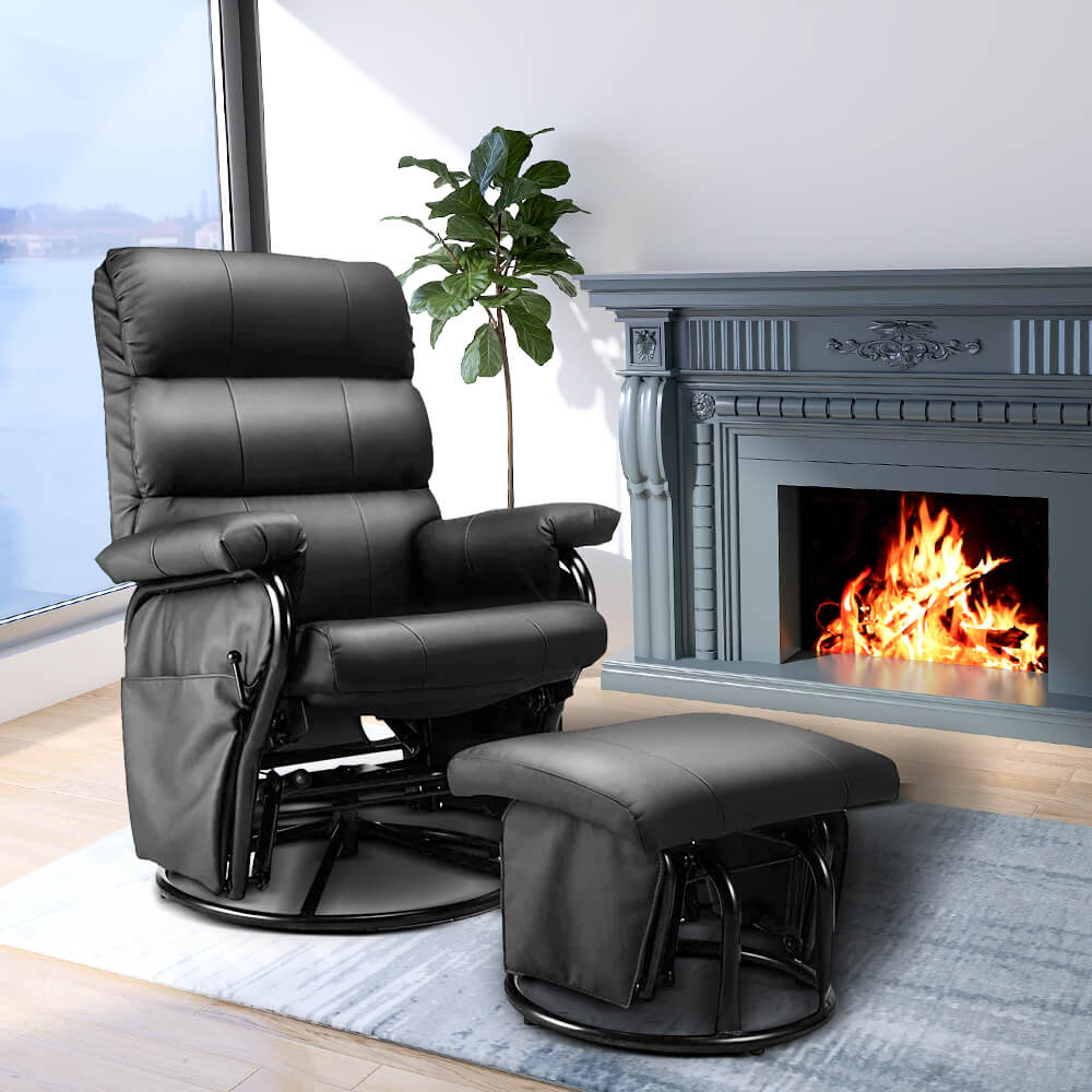 Homrest Faux Leather Glider Recliner with Ottoman Vibration Massage Lounge Chair Set, Black