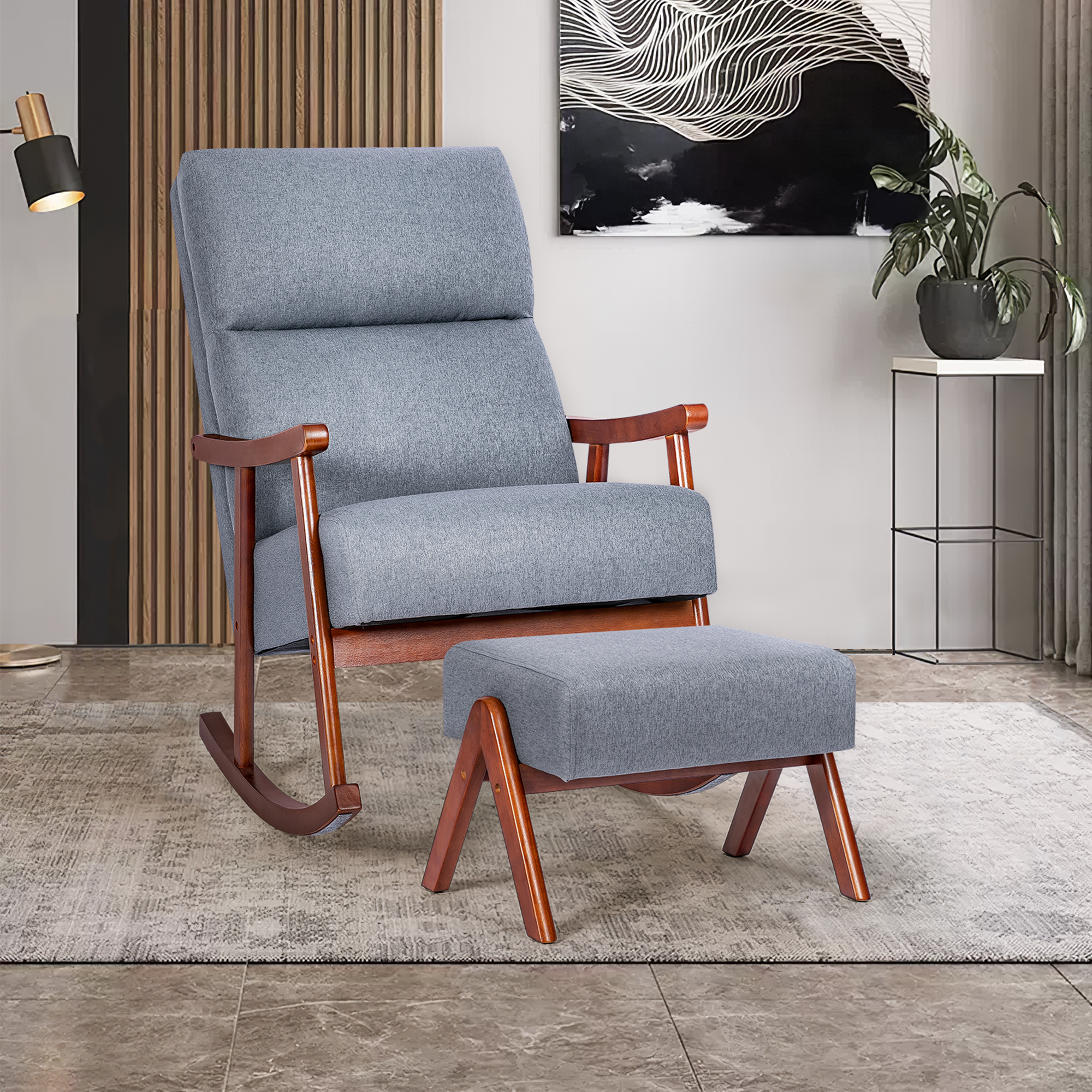 Rocking Chair with Ottoman, Mid-Century Nursery Rocking Armchair with Footrest & Thick Padded Cushion for Living Baby Room, Bedroom, Gray