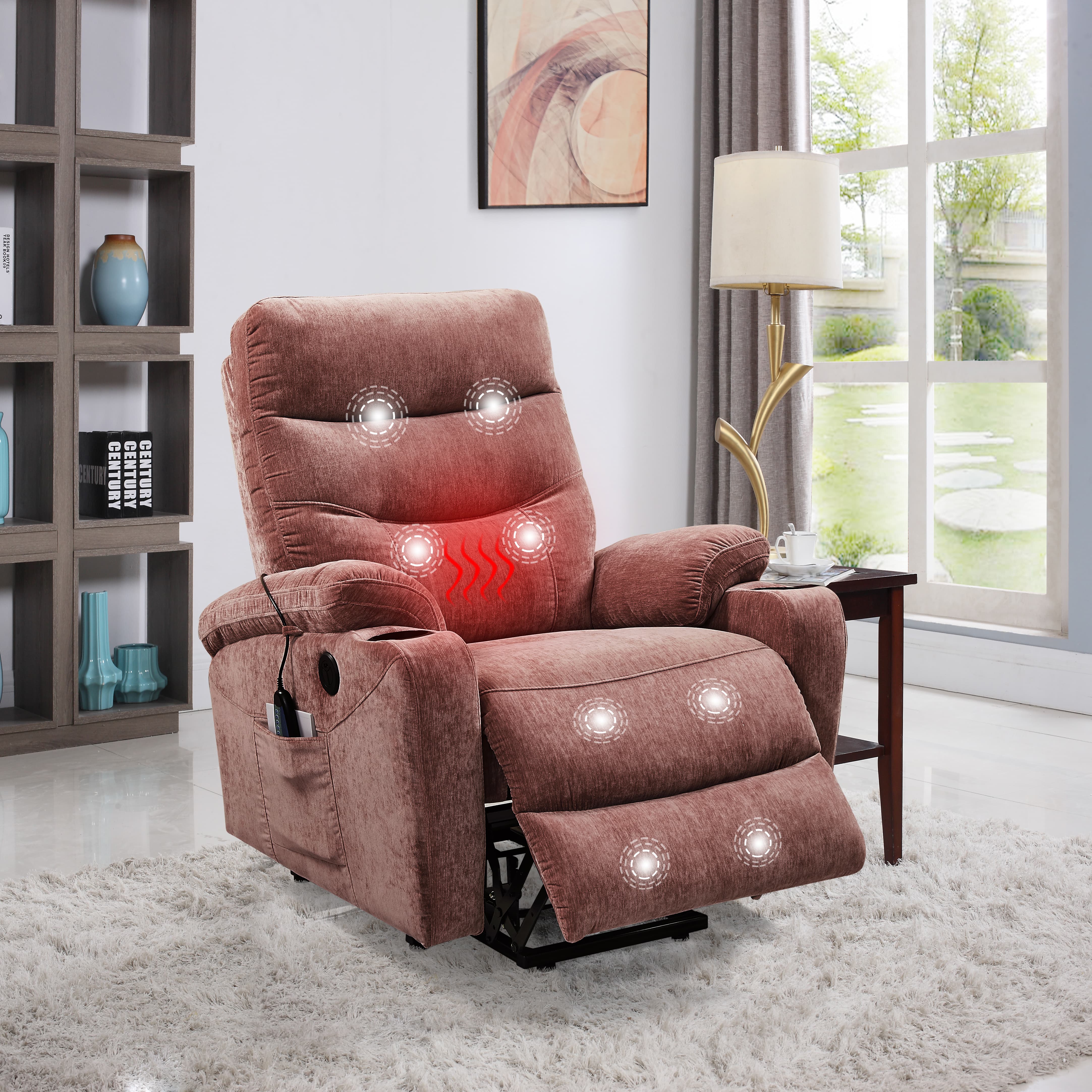  Homrest Power Lift Recliner Chair with Massage and Heat for Elderly Electric Recliner Lift Chair with 2 Side Pockets, Cup Holders, USB Port for Living Room, Rose