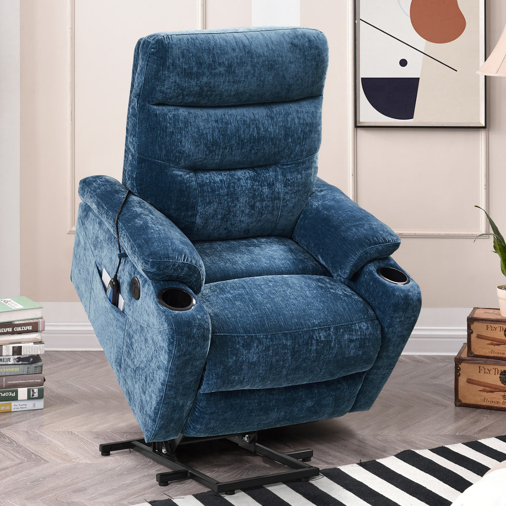 Power Lift Recliner Chair with Massage and Heat for Elderly Electric Recliner Lift Chair with 2 Side Pockets, Cup Holders, USB Port for Living Room, Blue