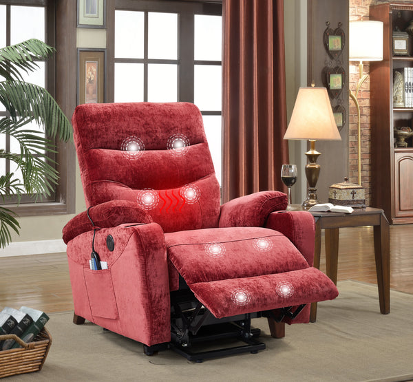 Power Lift Recliner Chair with Massage and Heat for Elderly Electric Recliner Lift Chair with 2 Side Pockets, Cup Holders, USB Port for Living Room, Red