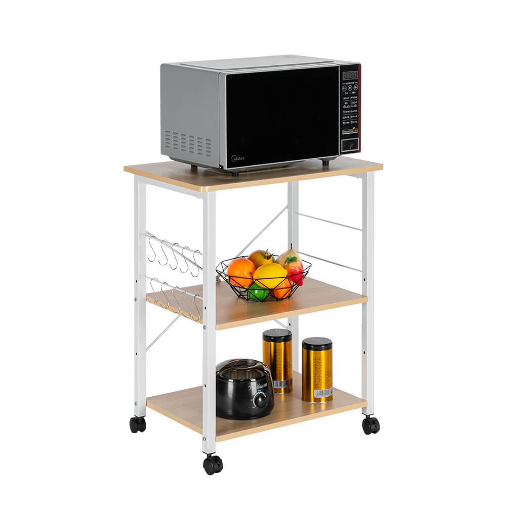 Homrest 3-Tier Kitchen Utility Microwave Oven Stand Light Beige Top White Metal Frame