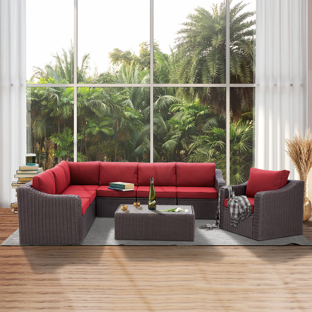 Homrest Outdoor Sectional Sofa All-Weather Conversation Set w/ Red Cushion, Coffee Table for Porch, Garden and Poolside