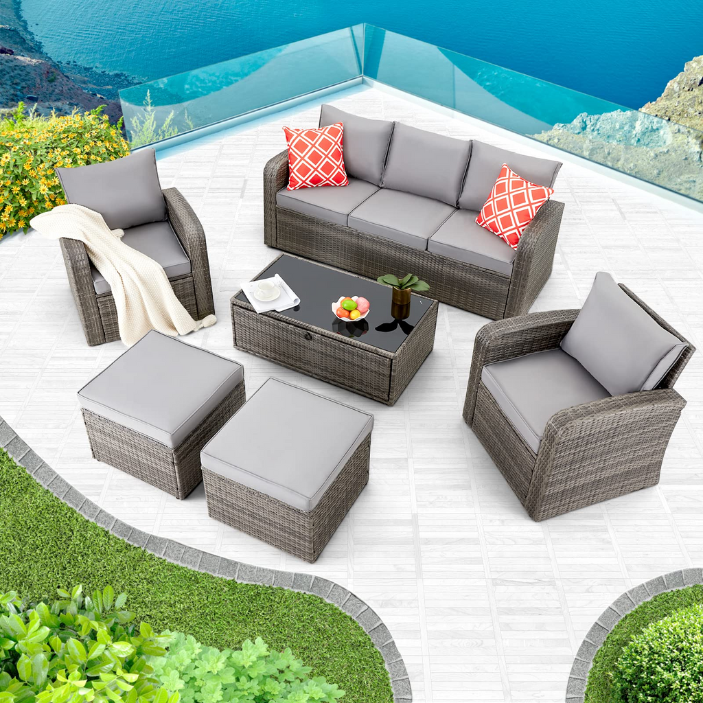HOMREST 6 Pieces Patio Furniture Sets, All Weather Wicker Patio Conversation Sets with Storage Glass Coffee Table, Outdoor Sectional Sofa w/Ottomans, Cushions & Pillows for Garden, Lawn, Balcony,Grey