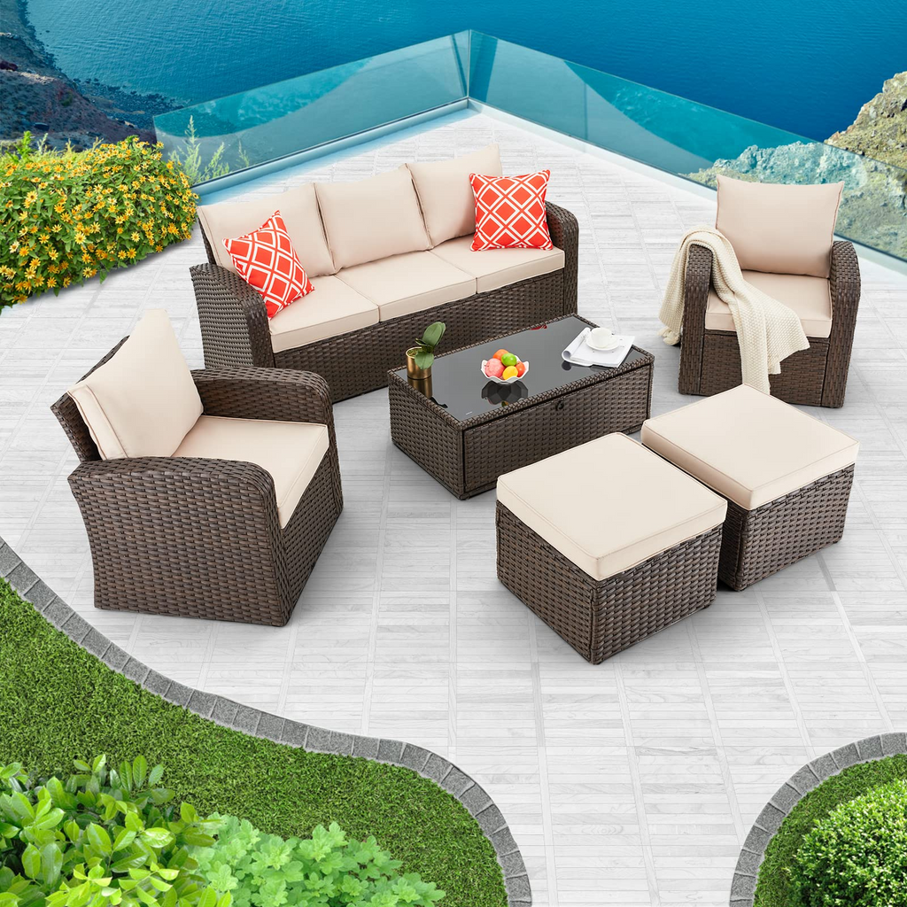 Homrest 6 pcs patio furniture set with coffee table, ottomans, cushions and pillows, khaki