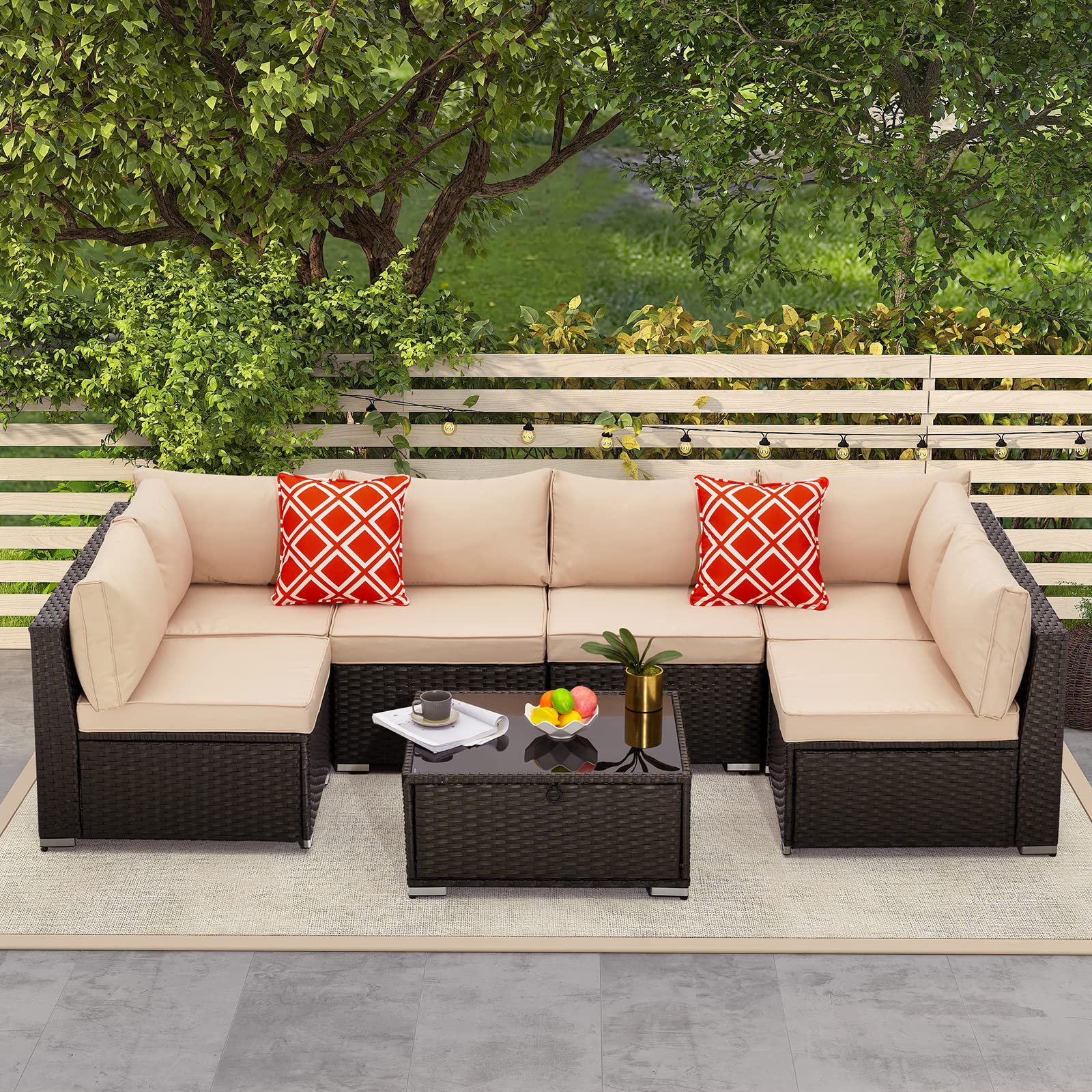 7 Pcs Outdoor Rattan Furniture Set with Coffee Table for Porch, Garden and Poolside, Khaki | Homrest Furniture
