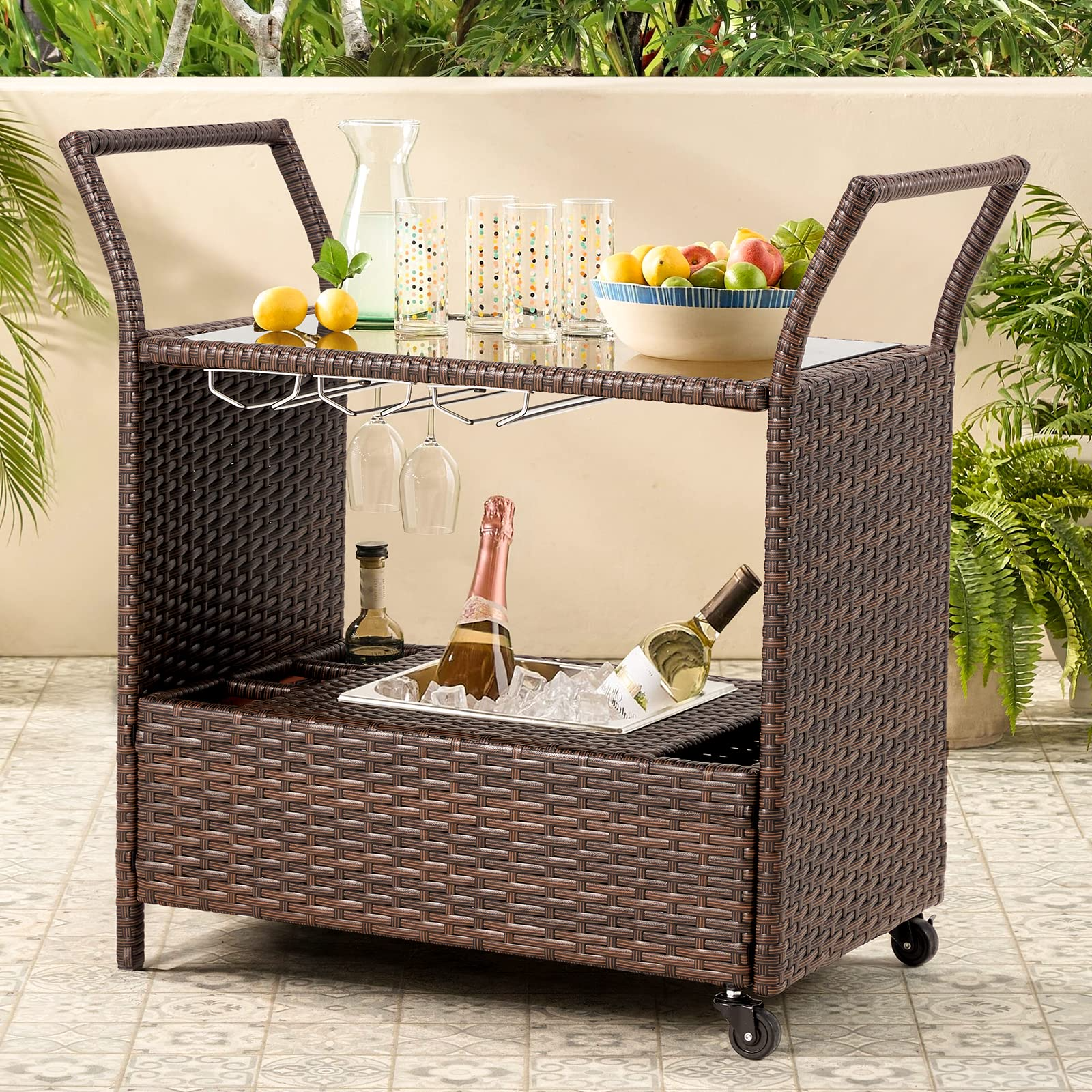 Outdoor Wicker Bar Cart with Removable Ice Bucket and Wheels for Party, Brown