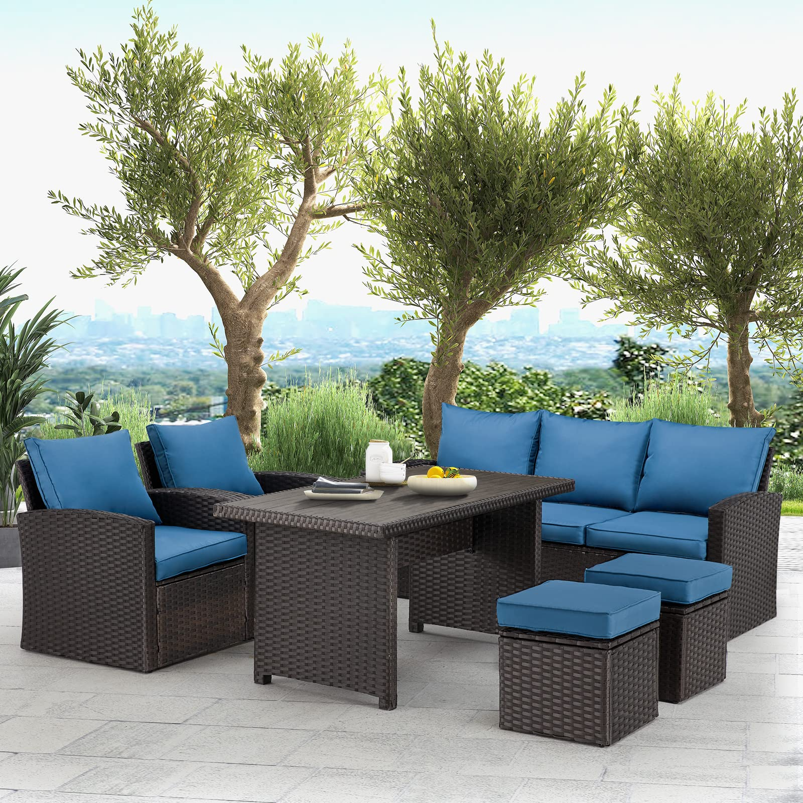Homrest 6 Pieces Outdoor Sectional Dining Set, All Weather Patio Table and Chair Set with Ottoman(Blue)