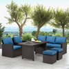 6 Pieces Outdoor Sectional Dining Set, All Weather Patio Table and Chair Set with Ottoman(Blue)