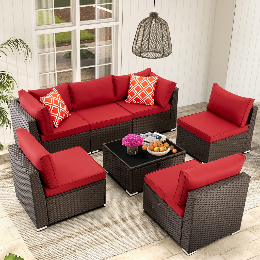7 Pcs Outdoor Patio Furniture, Hand Woven PE Rattan Patio Conversation Sets, Wine Red