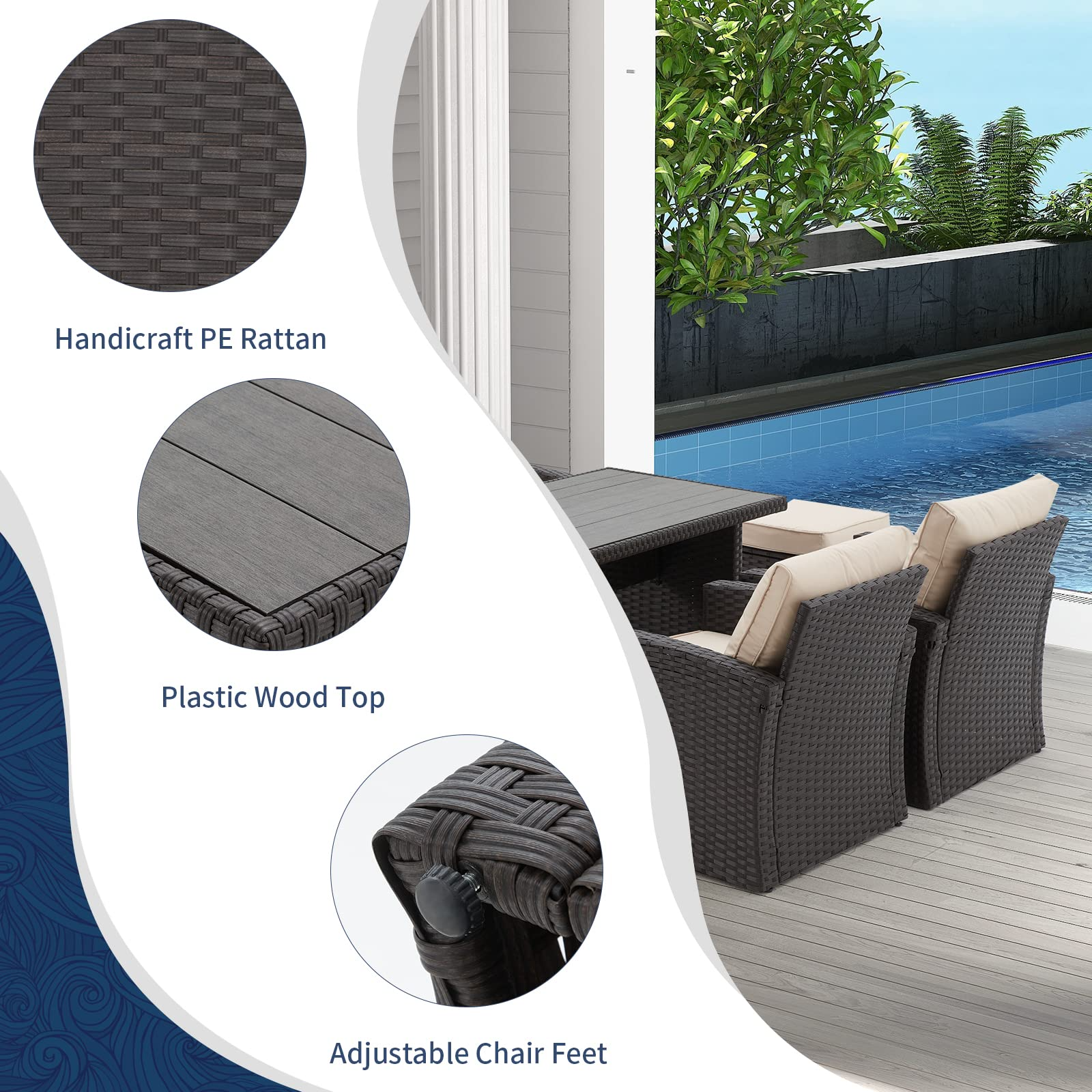 6 PCs Patio Furniture Sets, All Weather Wicker Rattan Couch Dining Table & Chair (Khaki)