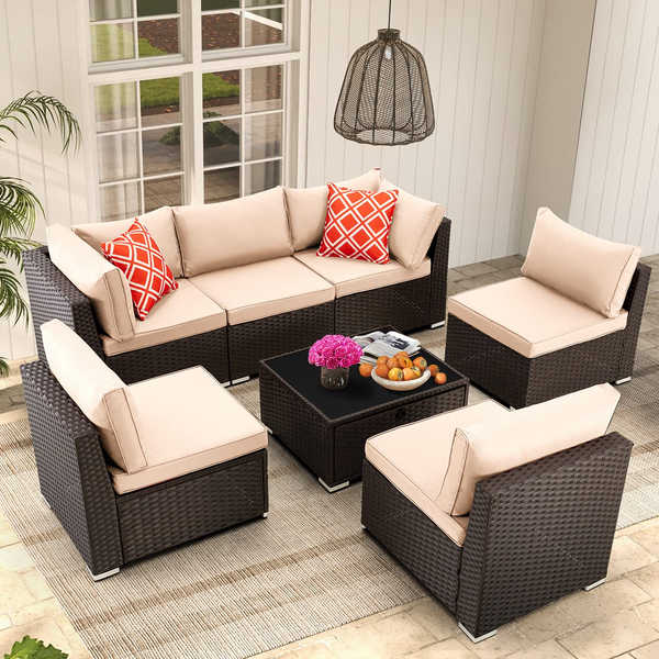7 Pcs Outdoor Rattan Furniture Set with Coffee Table for Porch, Garden and Poolside, Khaki | Homrest Furniture