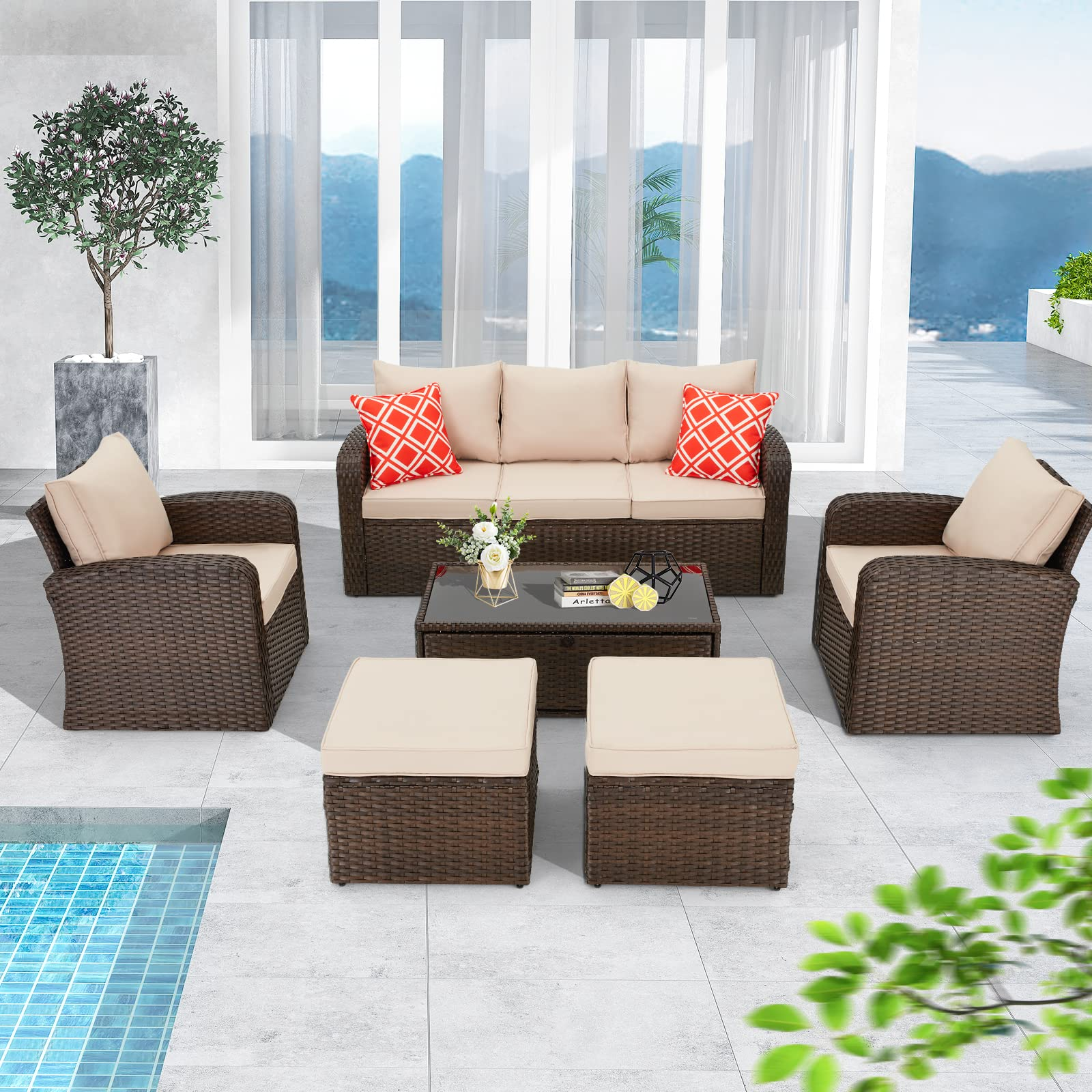 Homrest 6 pcs patio sofa set, khaki
