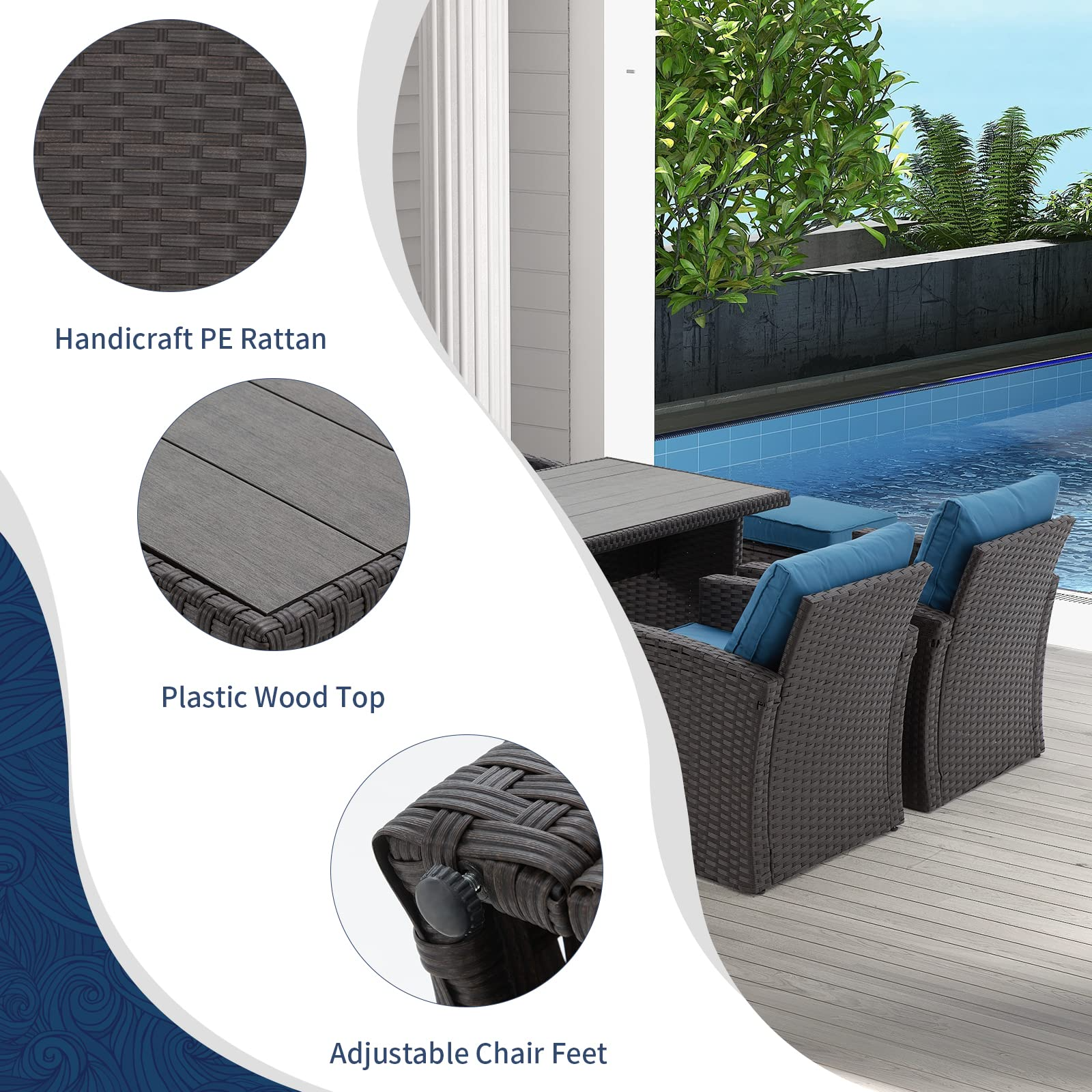 Homrest 6 Pieces Outdoor Sectional Dining Set, All Weather Patio Table and Chair Set with Ottoman(Blue)