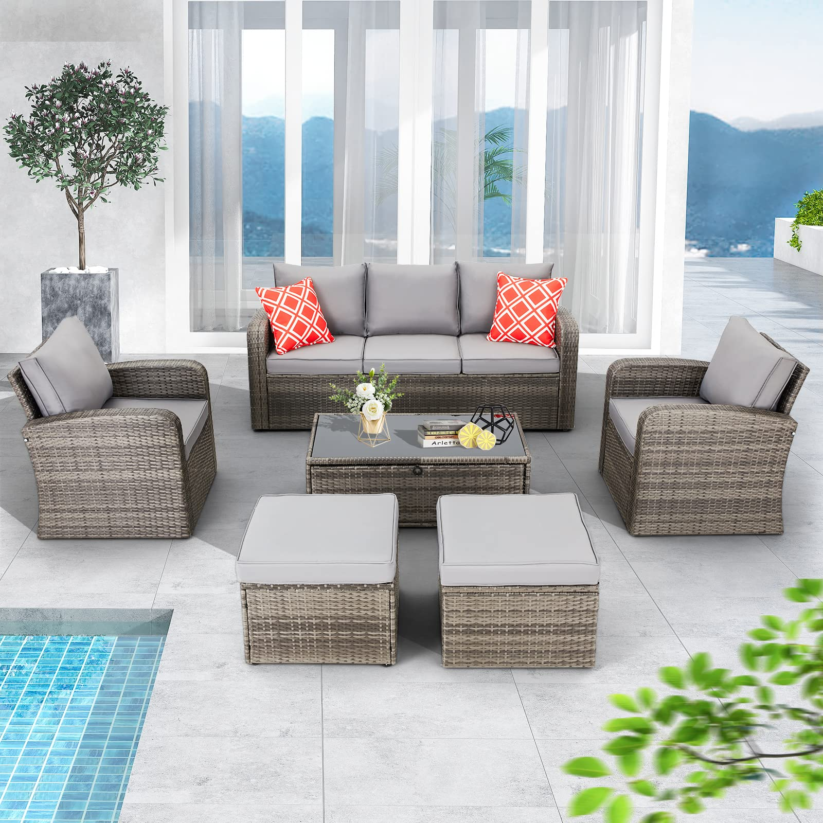 Patio sofa set with coffee table and ottoman, gray | Homrest furniture