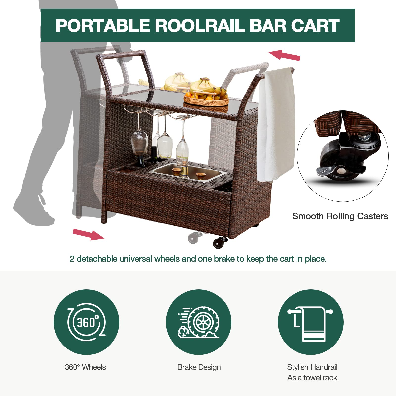 Portable roolrail bar cart with 360° wheels, brake design and stylish handrail for party and decoration. | Homrest patio furniture